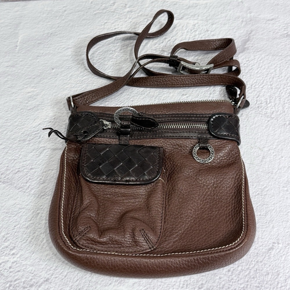 Brighton Leather Crossbody Purse‎ Brown Two Tone Pebble Grain Woven Trim Bag
